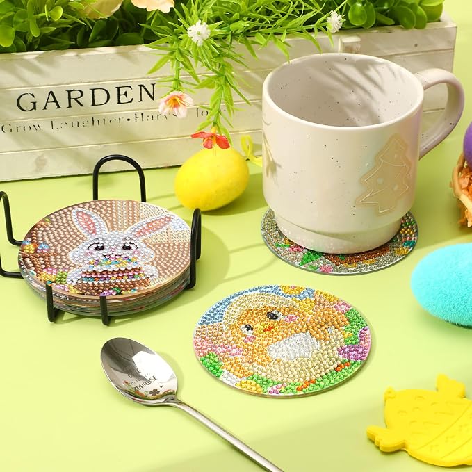 UPINS 8 Pieces Easter Diamond Art Coasters, Bunnies Diamond Art Coaster