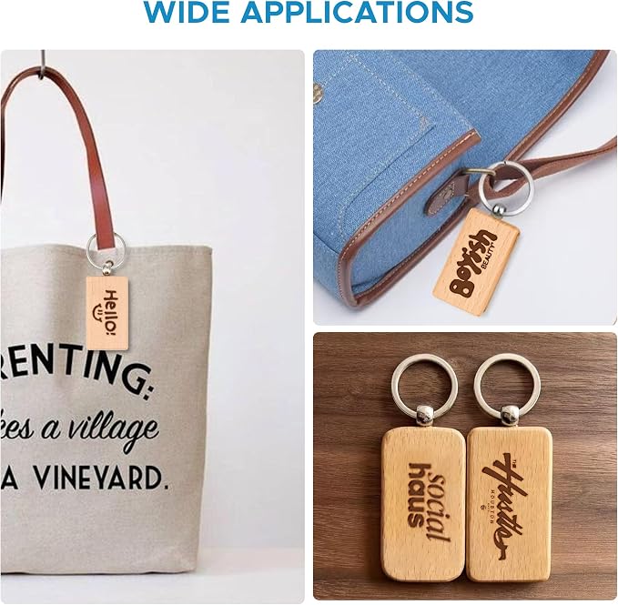 OMTech Wooden Keychain Blanks, Wood Key Chain Bulk, Unfinished Wooden Key Rings