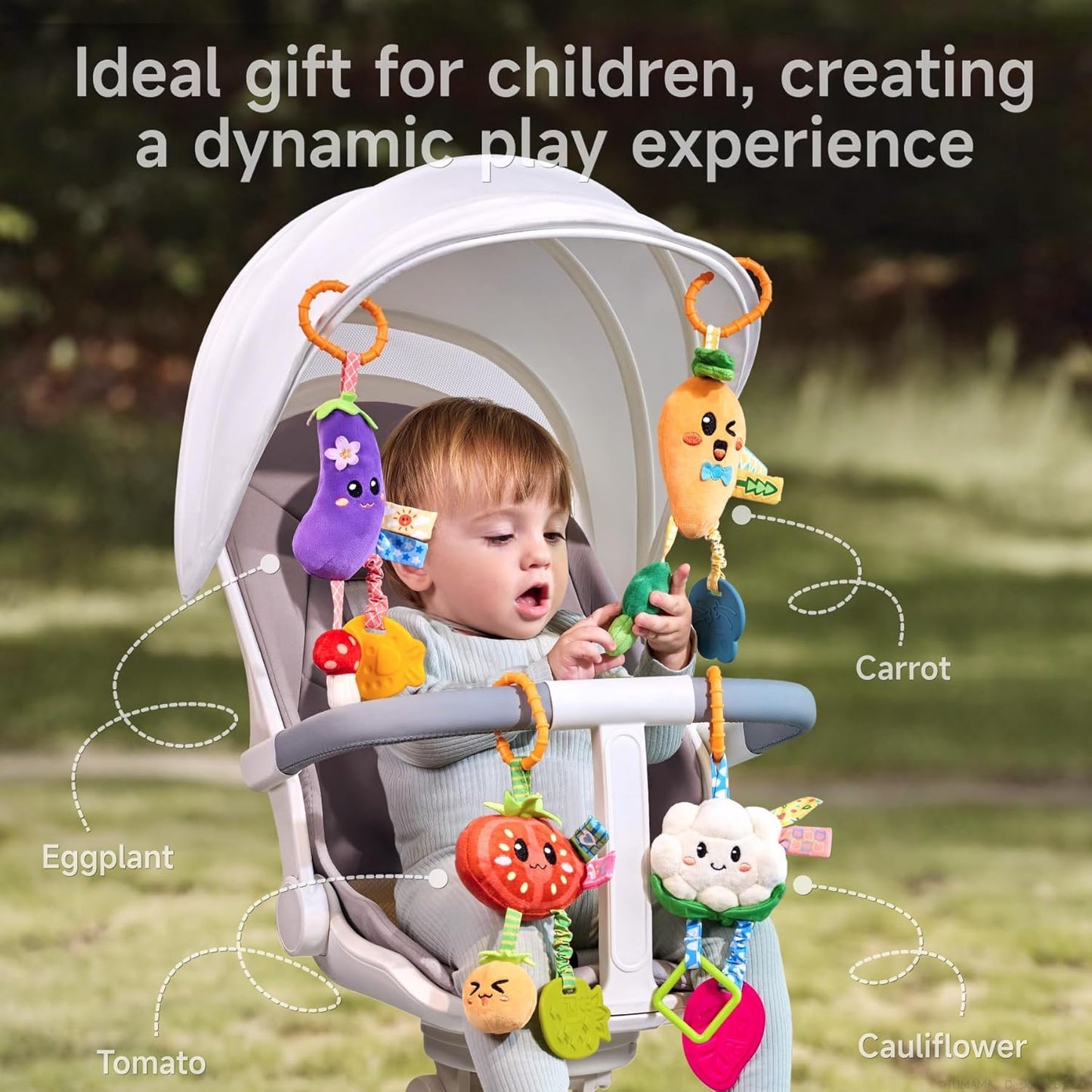 TUMAMA Hanging Vegetable Plush Toy Set, 4 Different Vegetable Crib Stroller Toys, Early Baby Cognitive Sensory Rattle Hanging Toy with Teether. Suitable for Babies 0, 3, 6, 9, 12 Months