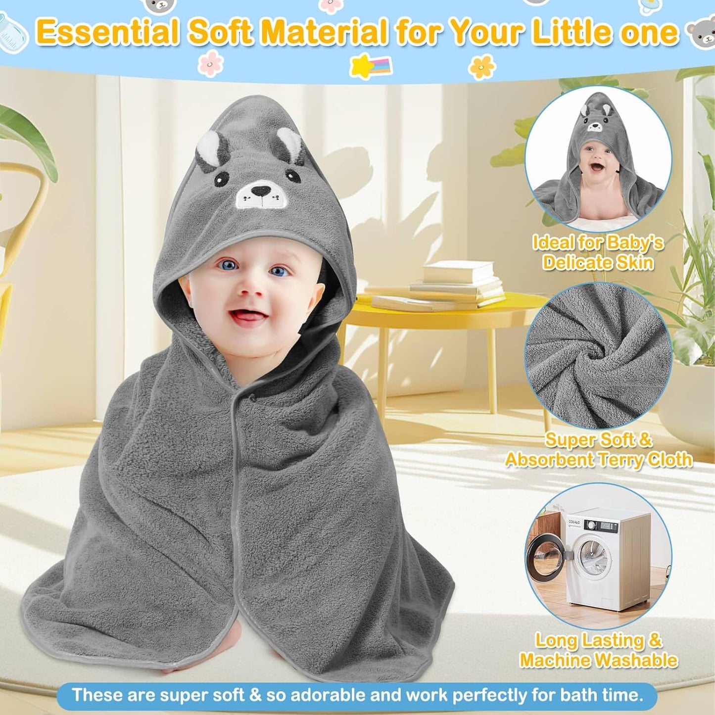 4 PCS Hooded Baby Towels, Soft Baby Towel, Absorbent Baby Bath Towel, Baby Towels and 3 PCS Baby Washcloths for Newborns, Toddlers, and Kids, 32x32 in Baby Towel with Hood for Boy and Girl (Gray Bear)
