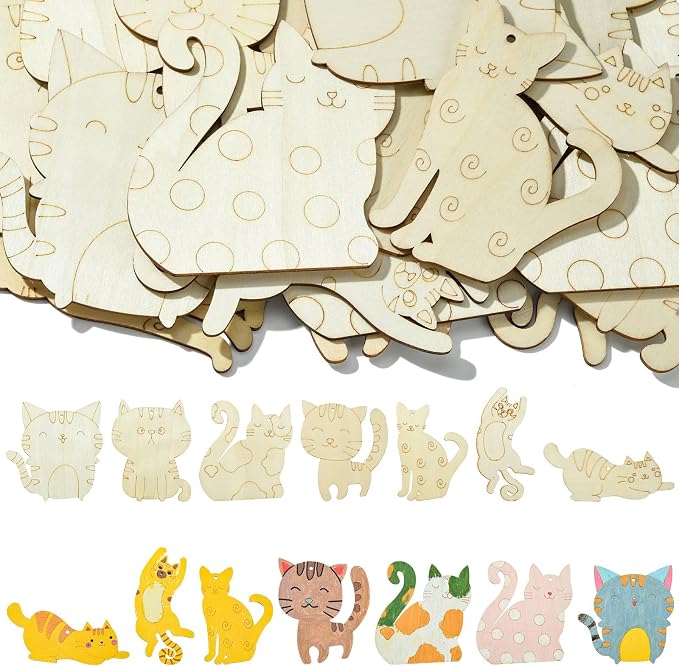 40 pcs Mixed Styles Lovely Cat Theme Unfinished Wood Cutout Charms Kitten Pet