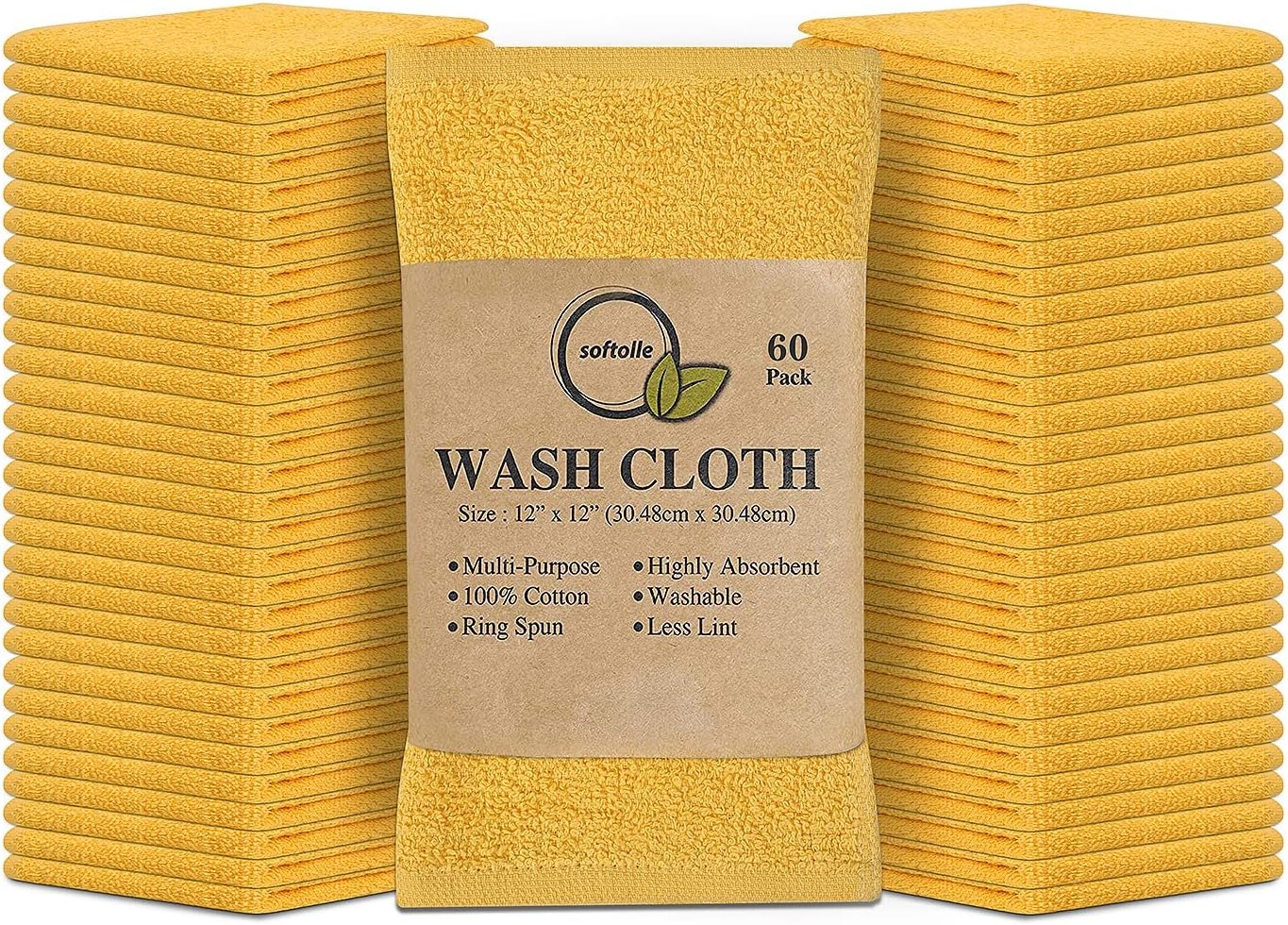 Softolle 100% Cotton Washcloths 60 Pack (12x12 Inches) Soft, Highly Absorbent Washcloth, Face Towels, Wash Cloths for Face, Ring Spun, Bulk Pack (Yellow)
