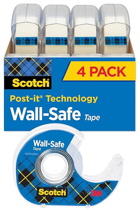 Scotch Wall-Safe Tape, 4 Dispensered Rolls, Sticks Securely, Removes Cleanly