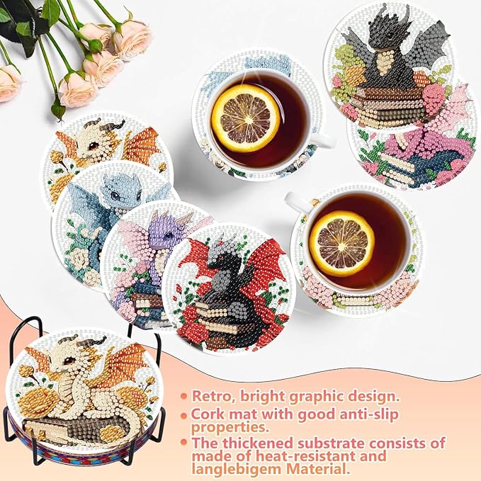 8 PCS Diamond Art Coasters Kits Dragon Book Diamond Painting Coaster | Diamond