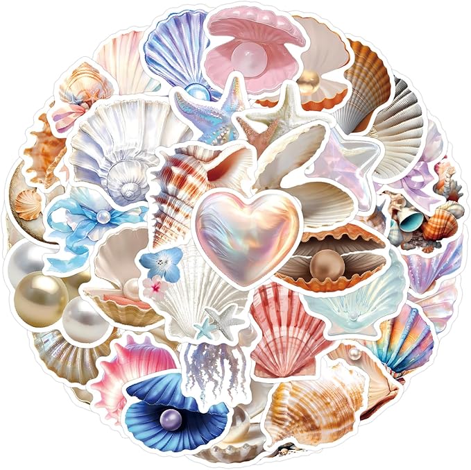 60PCS Sea Shell Stickers Aesthetic PET Transparent Conch Sticker Clamshell