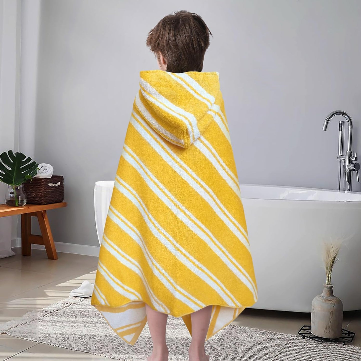 VOOVA & MOVAS Hooded Bath Towels for Kids (3-10Years,27.5"x55"),100% Cotton Absorbent Soft Towel Wrap for Toddler Boys,Perfect for Bathroom | Pool | Beach | Swimming, Jacquard Yellow Stripe