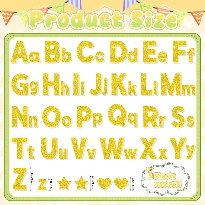 Glitter Foam Letter Stickers 335 Pcs Self-Adhesive Uppercase & Lowercase ABC