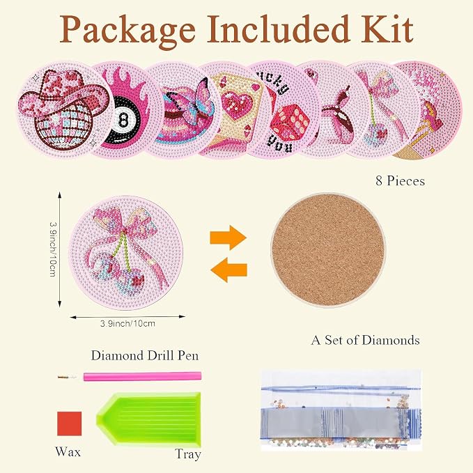 8PCS Pink Disco Diamond Art Coasters Kit