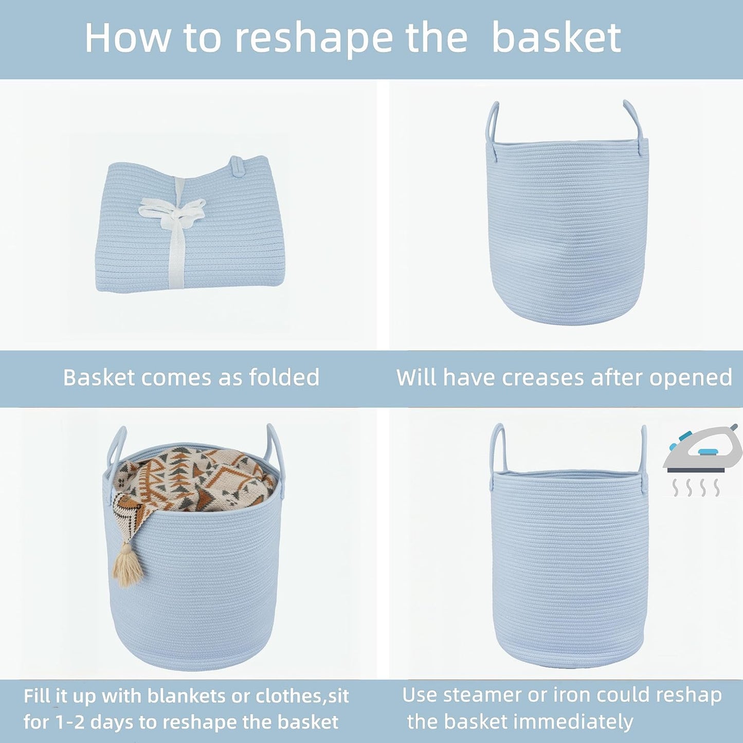 Cotton Rope Laundry Basket Hamper for Clothes Woven Storage Basket for Living Room Bedroom Boho Tall Rope Baskets for Blanket Toys Pillow Towels Baby Nursery Hamper Bin light blue
