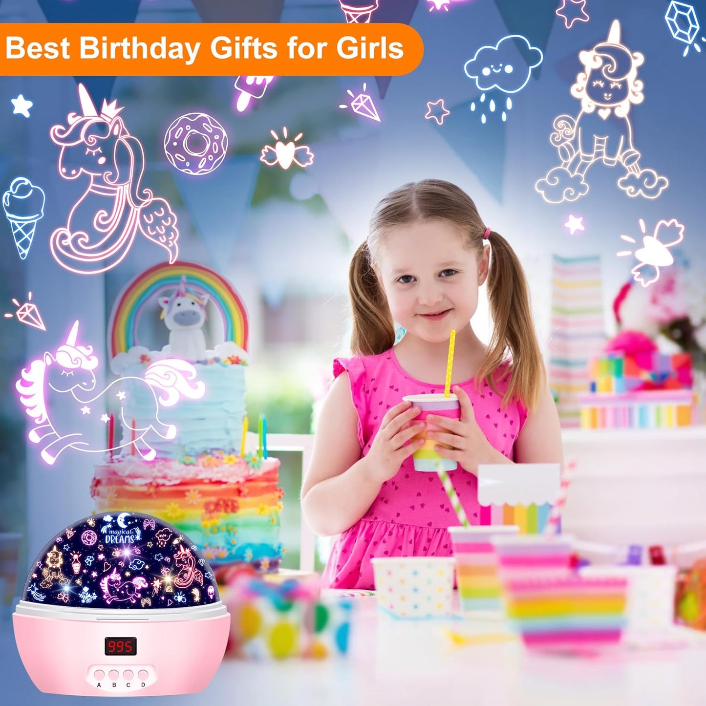 Kid Unicorn Night Light for Girls, and Baby Bear Night Lights Rotating Light Projector with Timer Color Changing Birthday Gifts for 3-5-10 Year Old Girls