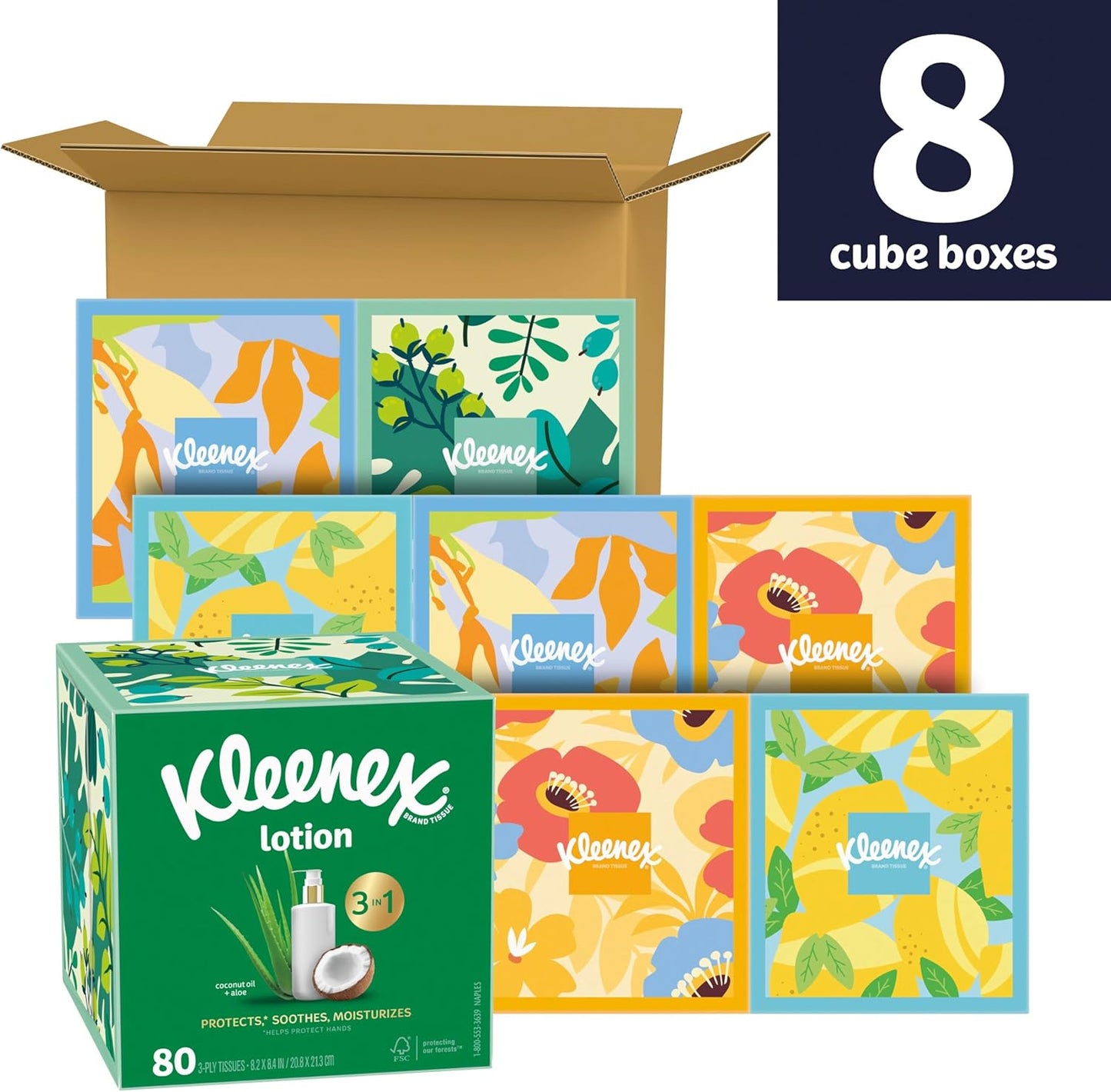 Kleenex Lotion Facial Tissues with Coconut Oil, 8 Cube Boxes, 80 Tissues Per Box, 3-Ply (Pack of 2)
