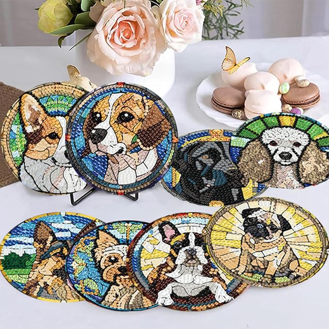 8 Pack Diamond Art Coasters, Dog Animal Diamond Painting Coasters Kits | Dog