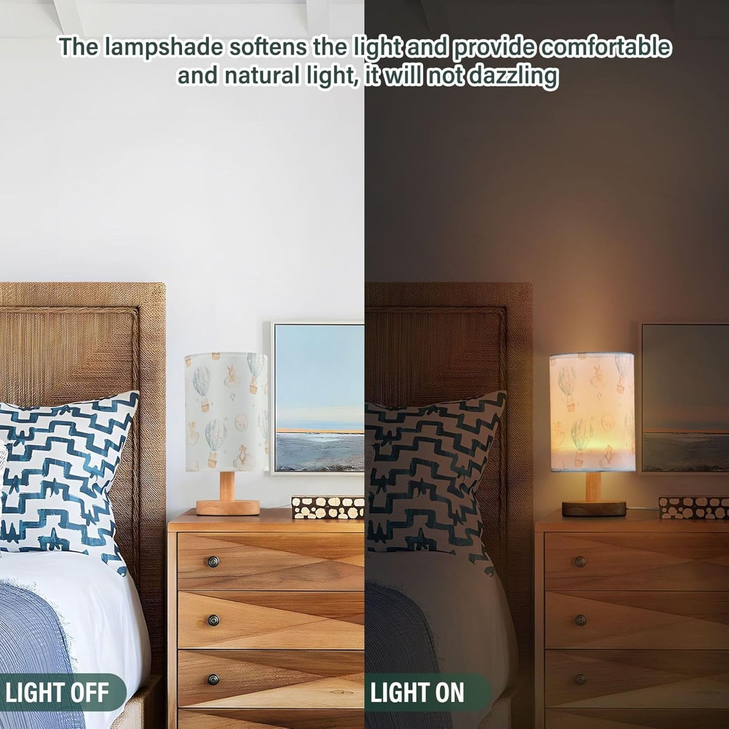 Table Lamp Watercolor Hot Air Balloon Elephant Rabbit Bear Mouse Moon Star Nightstand Lamp with Wood Base Fabric Lamp Shade Bedside Desk Lamp for Living Room Bedroom Kids Room Office