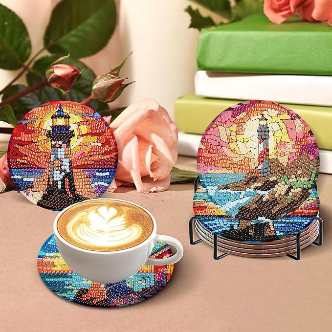 8 PCS Diamond Art Coasters Kits Lighthouse Diamond Painting Coaster | Diamond