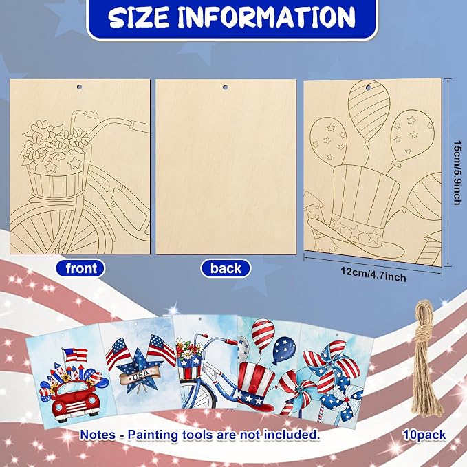 COCHIE 10 Pieces Large 4th of July Unfinished Wood Crafts to Paint