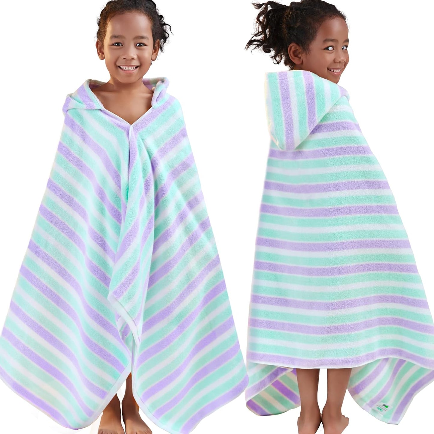 VOOVA & MOVAS Kids Hooded Bath Towels(3-10Years),Absorbent Quick Dry Lightweight Hooded Cotton Towel for Pool | Swim | Beach | Bath, Boys Wrap Towel with Hood, Aqua Purple Stripe
