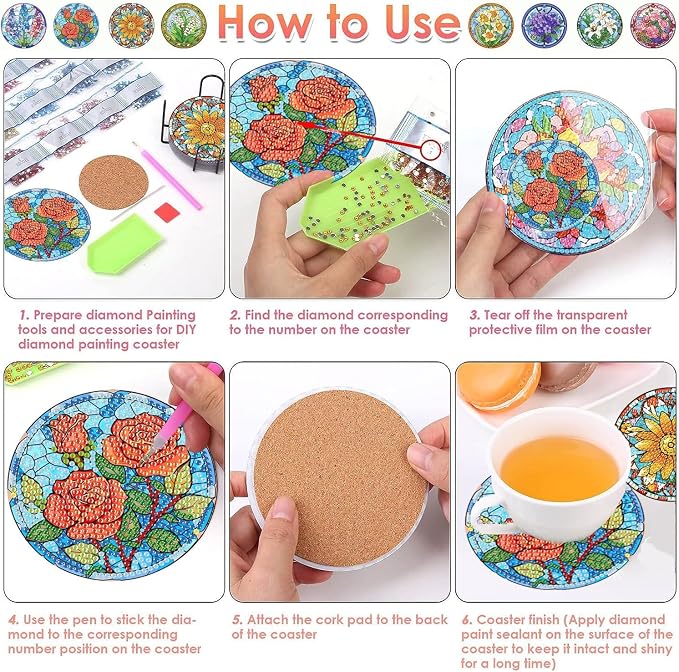 ijbnhd 8 PCS Flowers Diamond Art Coasters | Diamond Painting Coasters Kits