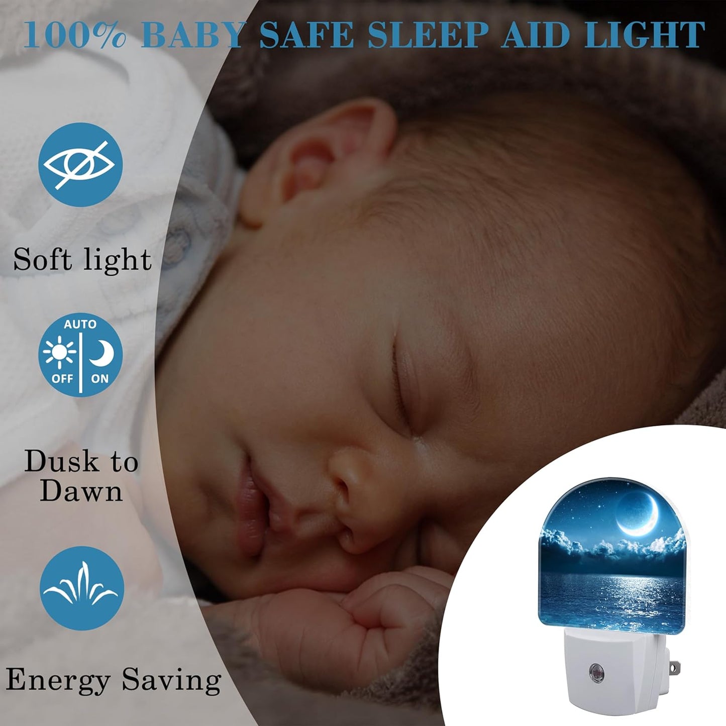 Magic Moon on Sea Night Light Plug into Wall with Dusk to Dawn Sensor Cute Nightlight for Kid Girls Boys Women Men Room Decor, Hallway, Kitchen, Bathroom, Nursery, Stairs