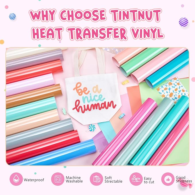 Tintnut Candy Color Heat Transfer Vinyl, 24 Sheets 12×10in Iron on Vinyl |