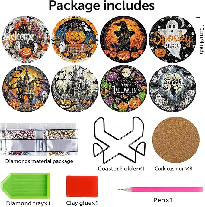 8 PCS Halloween Diamond Art Coasters Kits Diamond Painting Coaster | Diamond