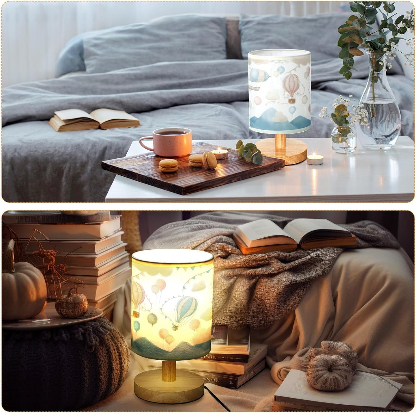 VIHOSE Hot Air Balloon Kids Table Lamp for Bedroom Kids Bedside Lamp with Linen Wooden Nightstand Cartoon Nursery Lampshade for Girls Boys Living Room