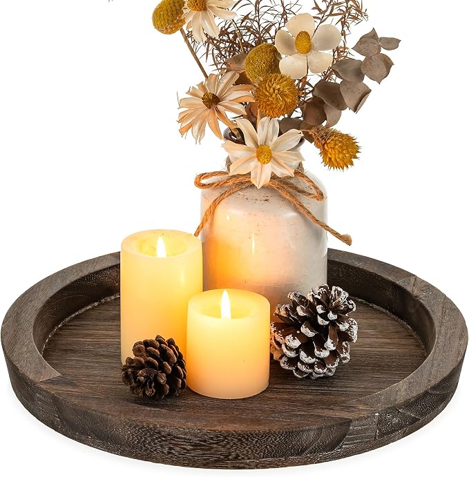Hanobe Wooden Tray for Coffee Table, Decorative Round Candle Holder Plate |