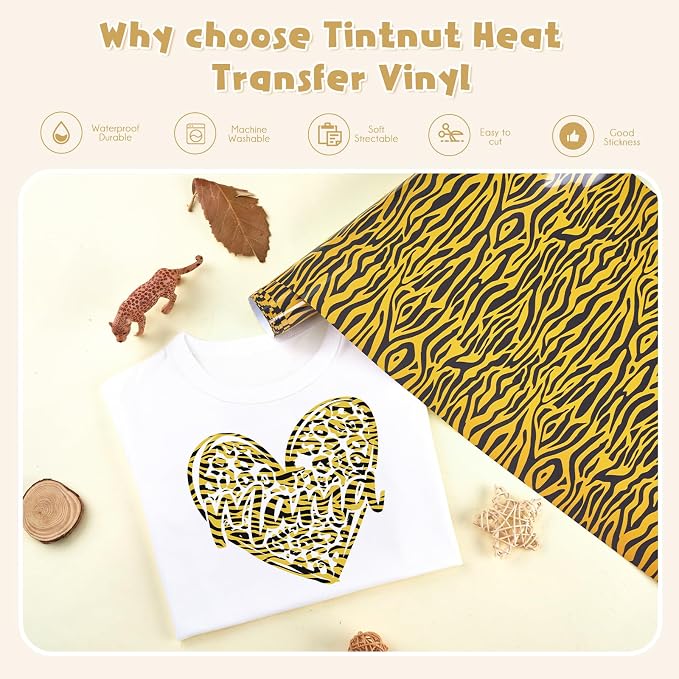 Tintnut Brown Tiger Heat Transfer Vinyl Roll, easy cut & weed, stretch washable