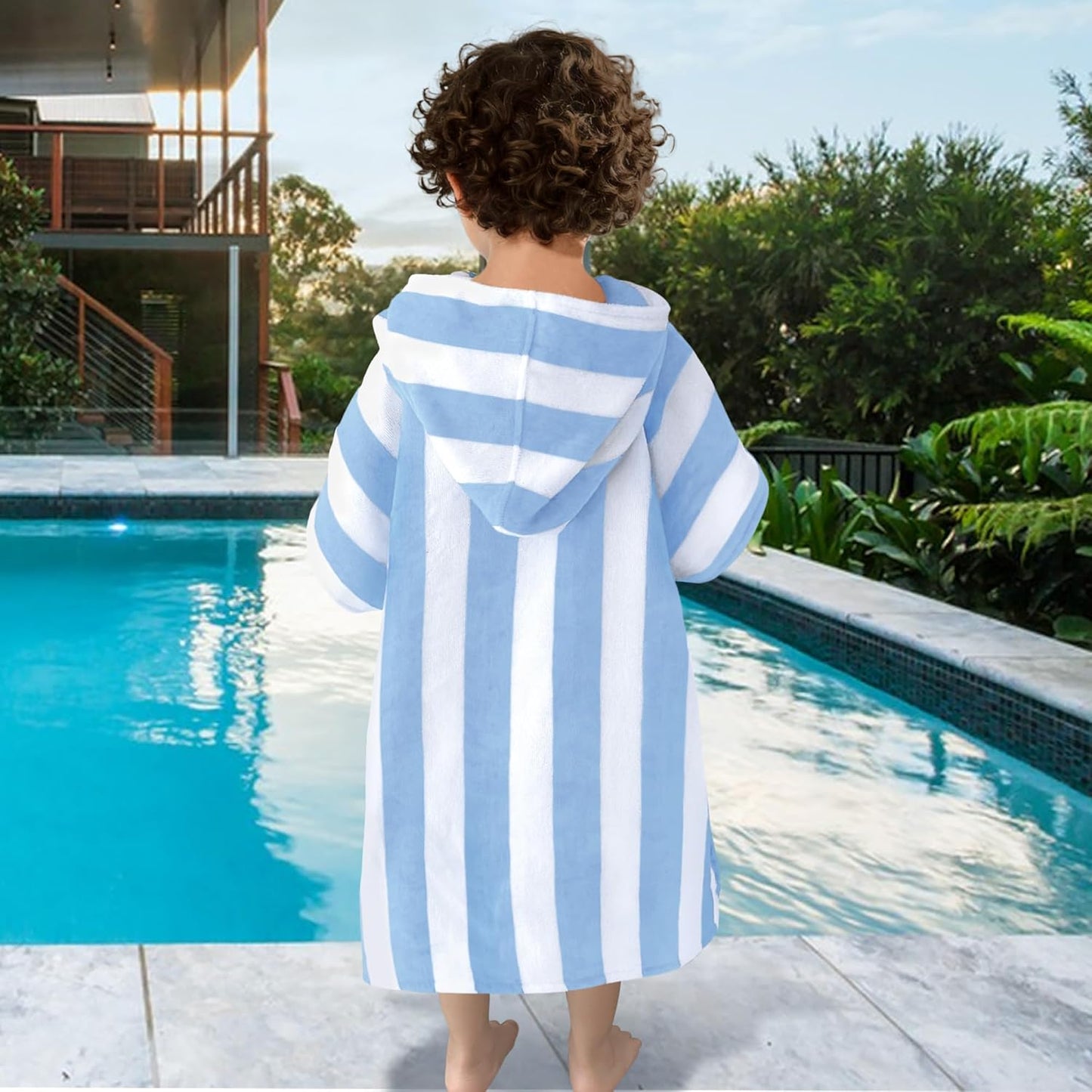Toddler Poncho Towels with Hood, Oversized (2-4Years,22"X22") Made from 100% Soft Cotton,Absorbent Hooded Towels for Baby Boys,Perfect for Pool | Swimming | Bath | Beach,Light Blue Stripe