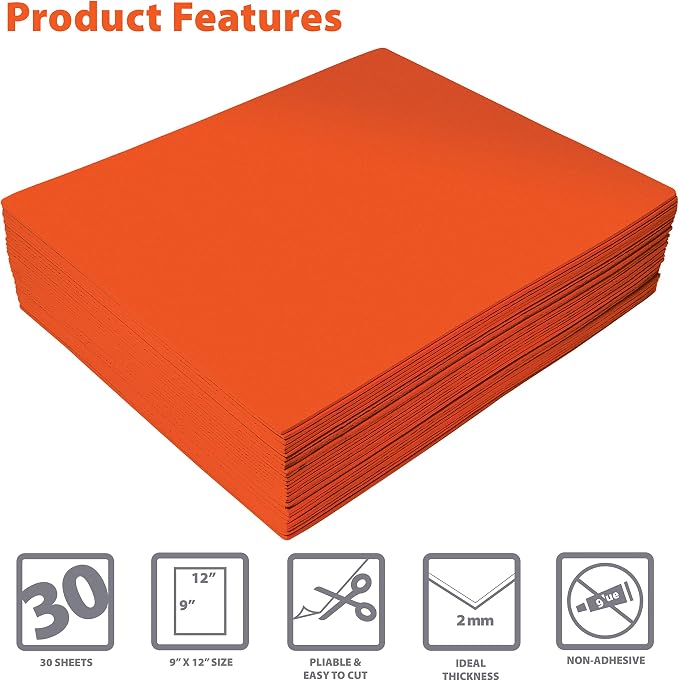 Better Office Products Orange EVA Foam Sheets, 30 Pack, 2mm Thick, 9 x 12 Inch