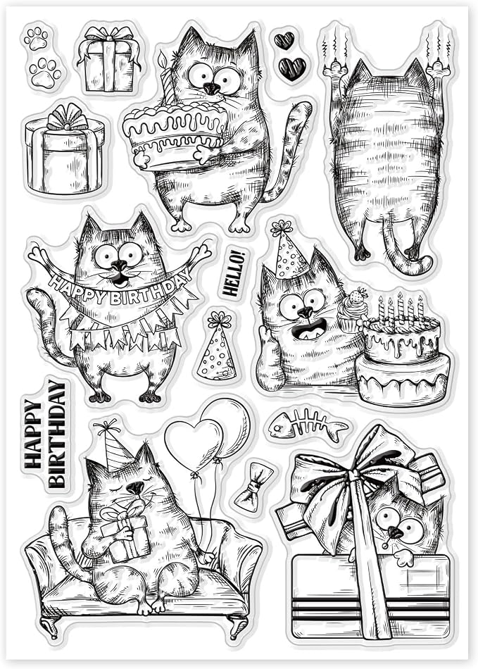 GLOBLELAND 8.3×5.8in Birthday Cats Animal Clear Stamp Sofa Cat Birthday Cake