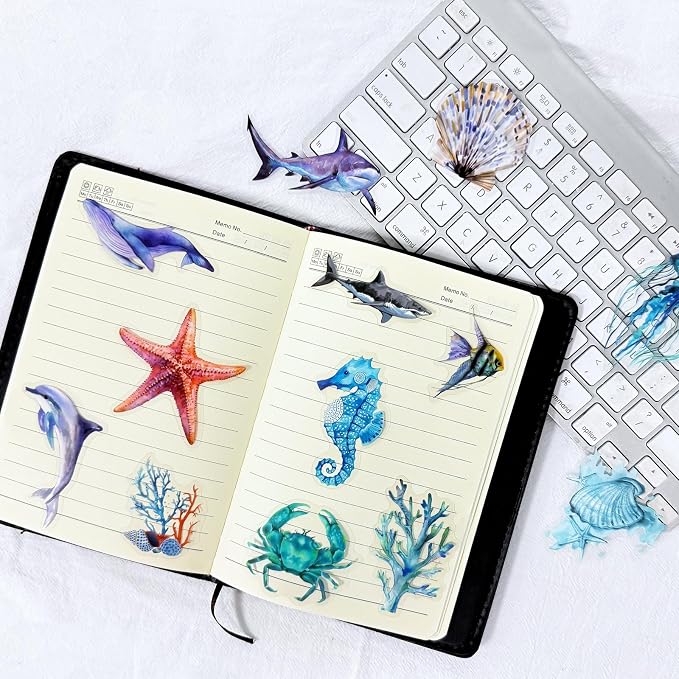 50PCS Marine Animal Stickers PET Transparent Stickers Starfish, Sea Turtles