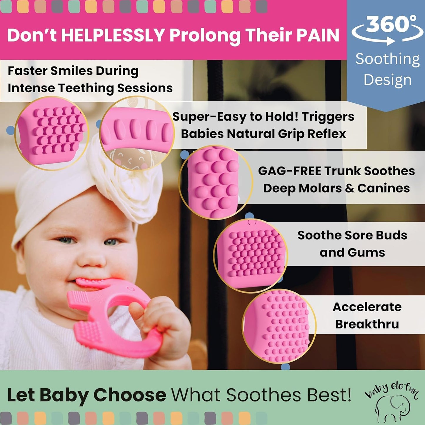 Teethers for Babies 6-12 Months - Baby Elefun 5x Pain Relief Toddler Teether. No More Ouch for Mom Anti Bite Trainer. Nurtures Grasping, Passing, Hand Eye Coordination. Silicone Baby Teething Toy Ring