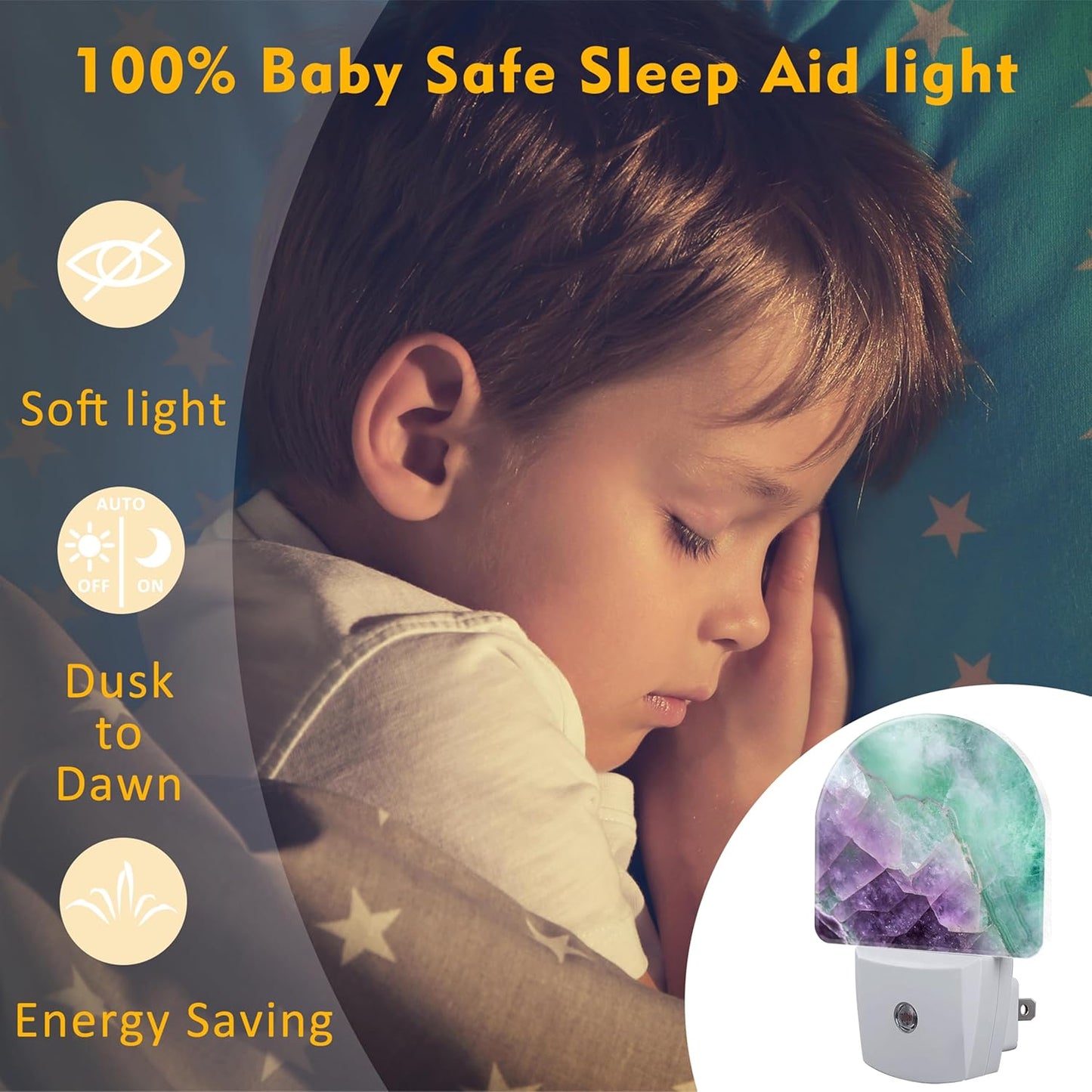 Purple Green Fluorite Marble Night Light, Luxury Rock Gemstone Dusk to Dawn Night Light Plug in,0.5w Energy Saving Sleep Friendly NightLight for Kids Boys Girls Home Decor