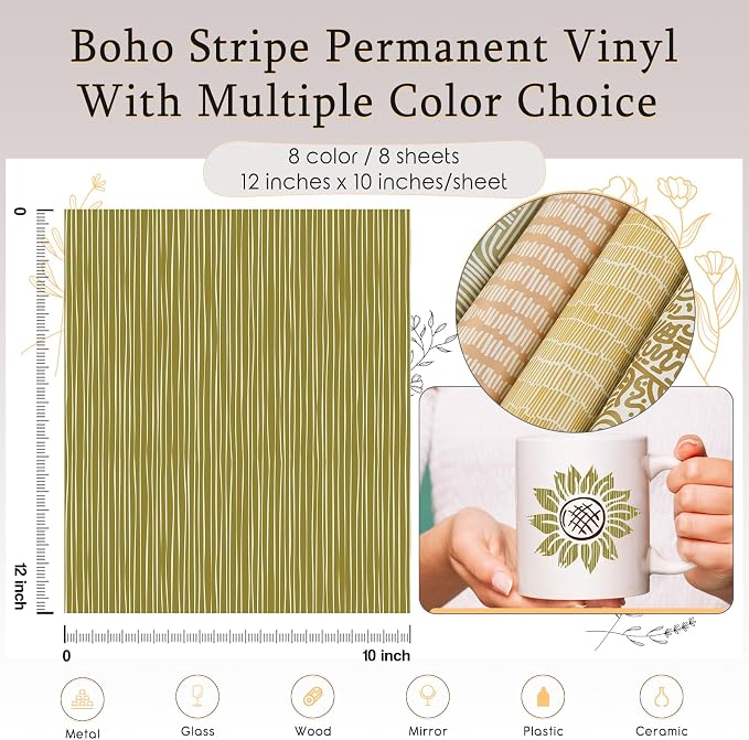 Tintnut Boho Stripe Permanent Vinyl 8 Sheets 12''x10'' Adhesive Vinyl | Boho