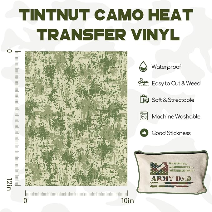 Tintnut Multi-Style Camo Heat Transfer Vinyl, easy cut & weed, stretch washable