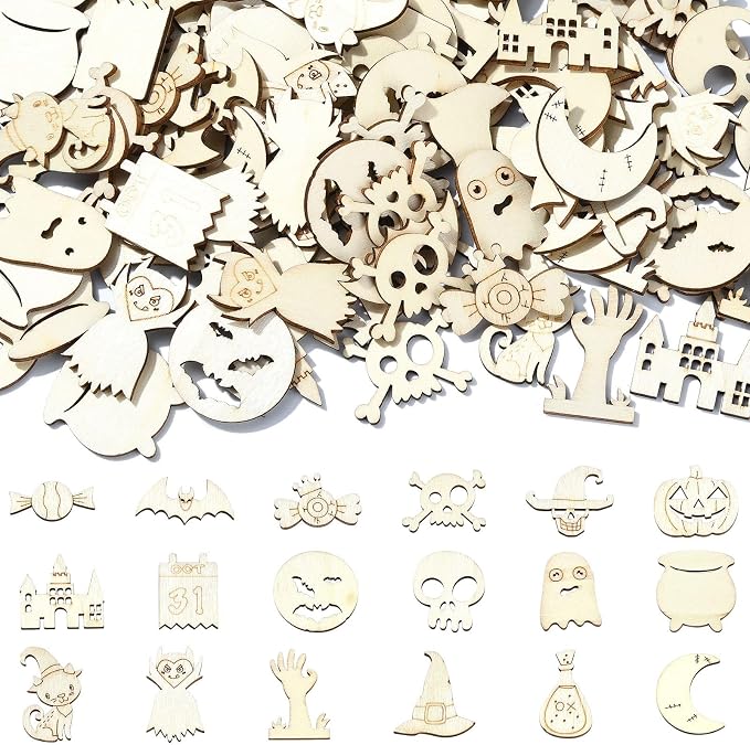200 Pcs Unfinished Wooden Halloween Cutouts, Wooden Crafts