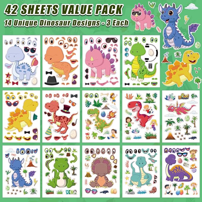 42 Sheets Create Funny Dinosaur Stickers, Make a Face Stickers