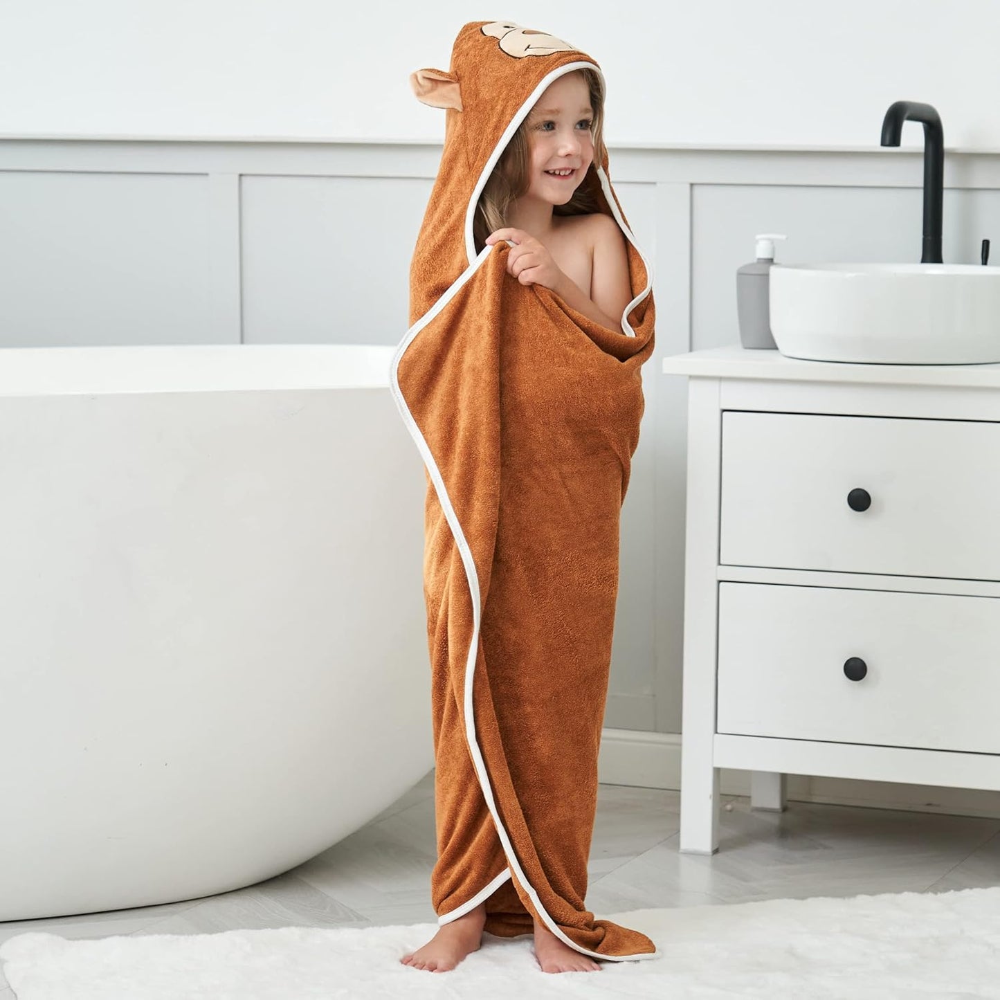 HIPHOP PANDA Hooded Towel - Rayon Made from Bamboo, Bath Towel with Bear Ears for Newborn, Babie, Toddler, Infant - Absorbent Large Baby Towel - Monkey, 30 x 40 Inch