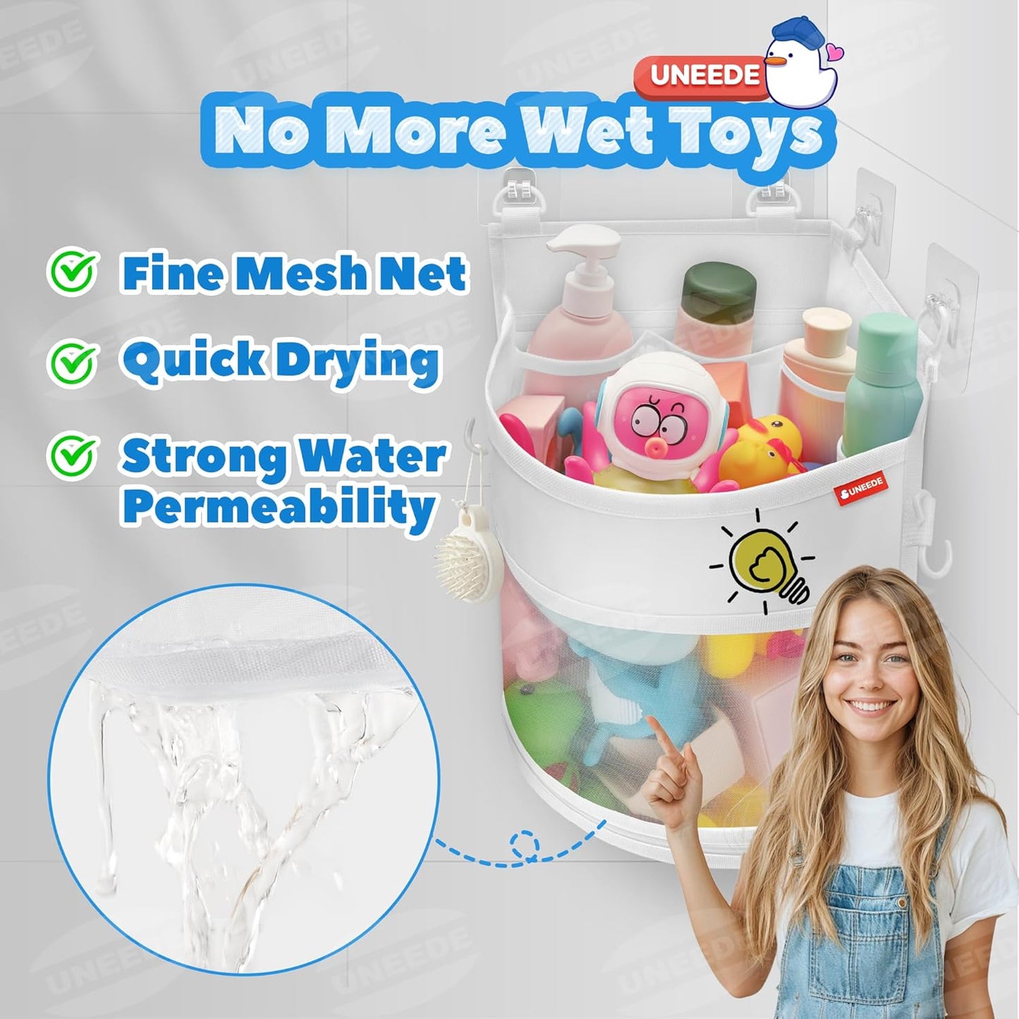 UNEEDE 3.5 Gallons Corner Mounted Versatile Bath Toy Organizer, Mesh Shower Caddy for Bathtub Toy Organizer and Storage, Quick Dry Bath Toy Holder
