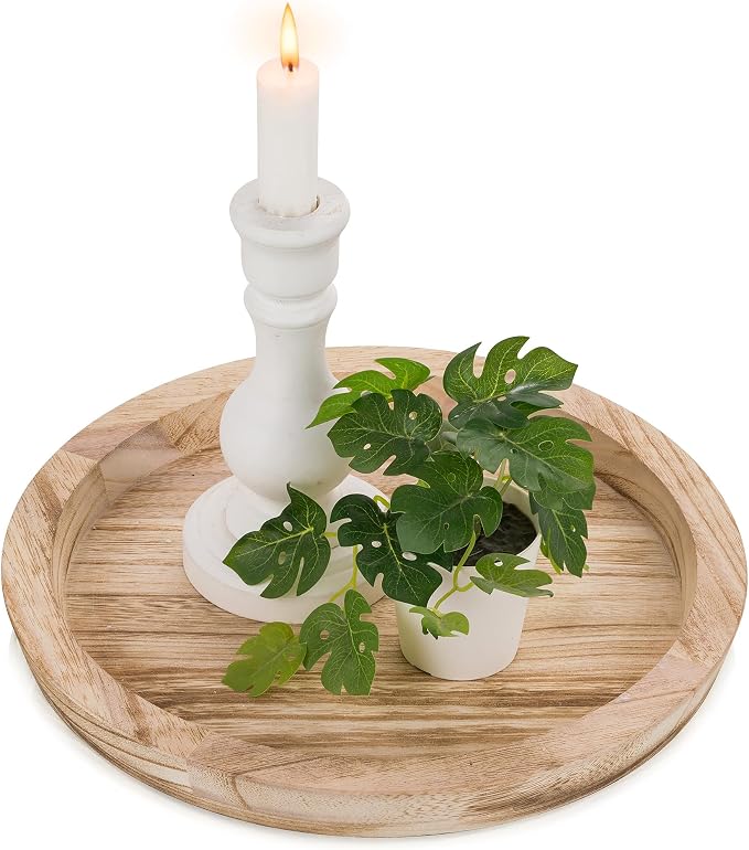 Hanobe Wooden Decortaive Coffee Table Tray, Round Candle Holder Centerpiece |
