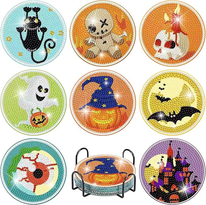 Clendo 8 PCS Halloween Diamond Art Coasters Kits, Cute Diamond Painting Coaster
