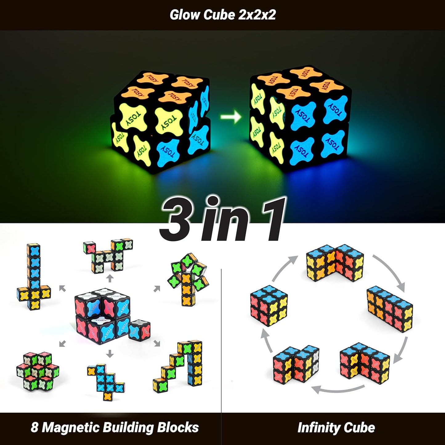 TOSY Magnet Cube 2x2 - 8 Blocks, 2in1 Toy: 2x2x2 Puzzle Cube and Customizable Infinity Cube, Glowing w/ UV Flashlight, Christmas Stocking Stuffers Gift for Kids/Grandkids, STEM Toy, 4-Pack