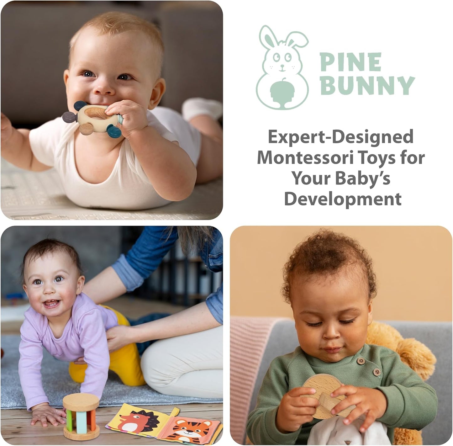 Pine Bunny Montessori Wooden 9-in-1 Toy Set for 4+ Months, Silicone Teether, Interlocking Discs, Mirror Toy, Wooden Bell Cylinder, Cloth Book, Spinning Drum, Educational Learning Sensory Development
