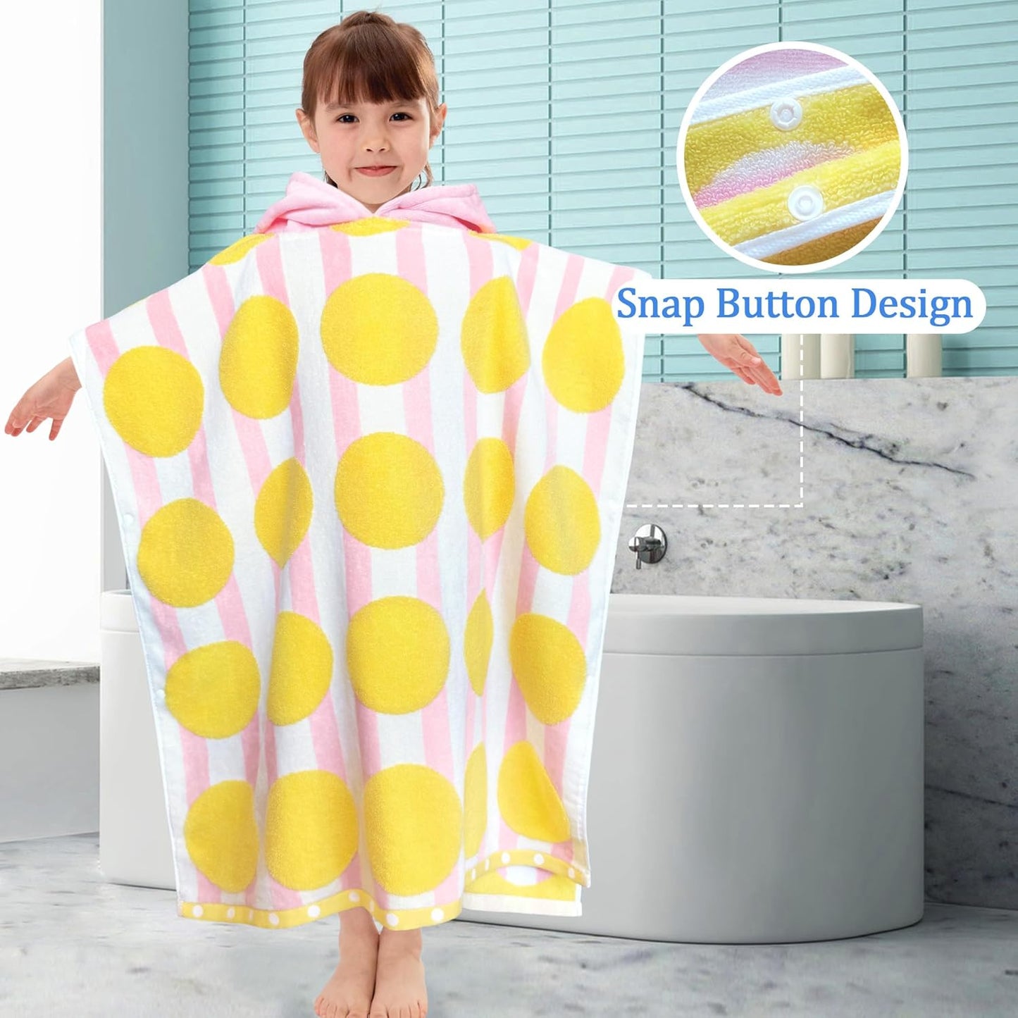 VOOVA & MOVAS Kids Poncho Towels with Hood (4-8Years), Absorbent Quick Dry Lightweight Hooded Beach Towel for Pool | Swim | Bath, Pink Strip Dot