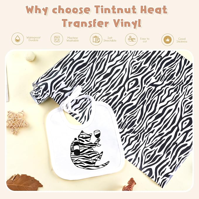 Tintnut Black Zebra Heat Transfer Vinyl Roll, easy cut & weed, stretch washable