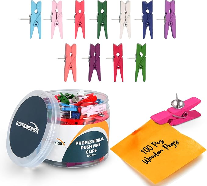 100 Pcs Push Pins with Wooden Clip