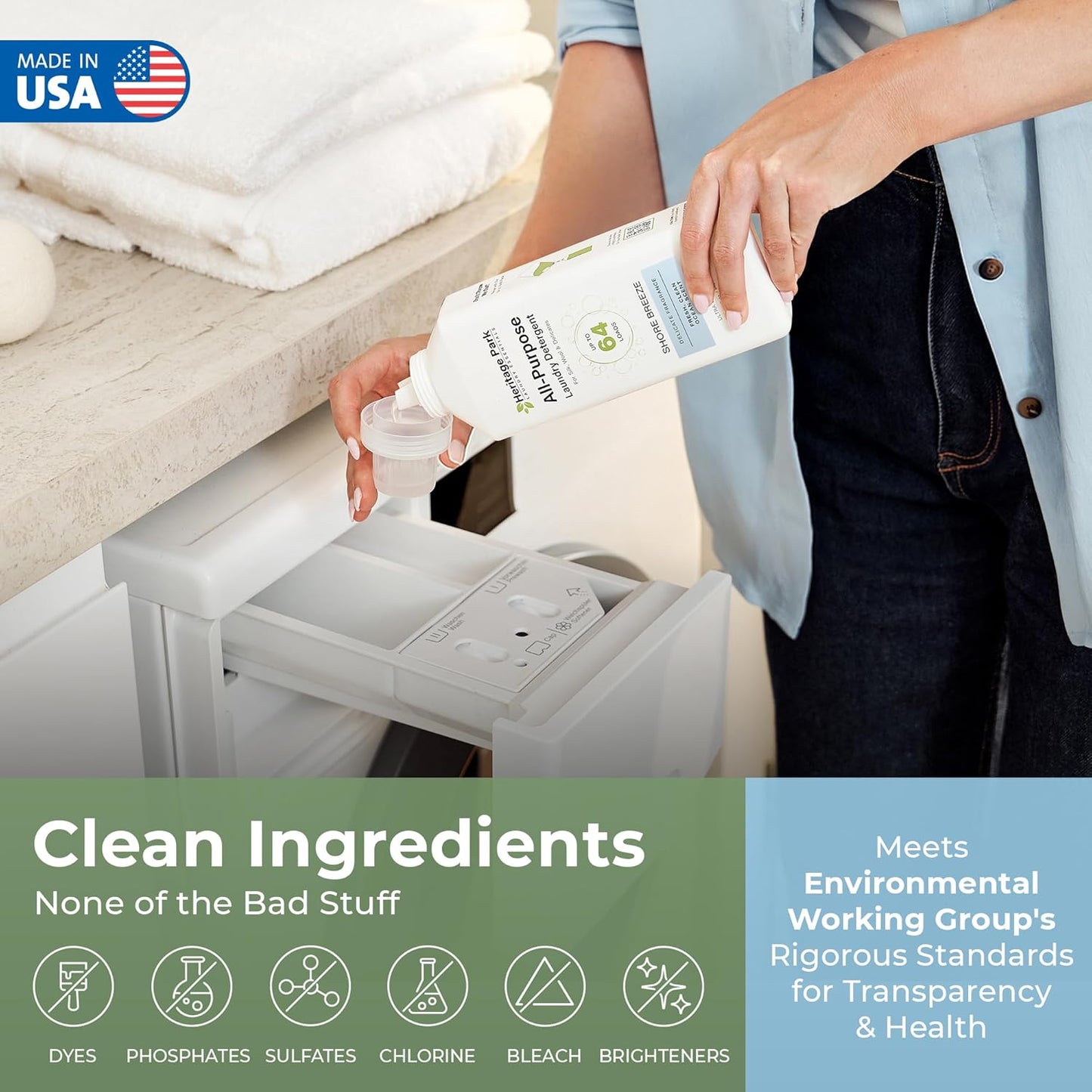 Heritage Park Luxury Laundry Detergent | Dermatologist Tested Plant based Natural & Enzyme Laundry Detergent | Sensitive Skin Friendly - Shore Breeze (32 fl oz)