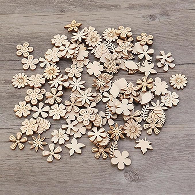 100 Pcs Unfinished Wooden Flower Wood Slice Leaf Pattern Cutouts Wood Pieces