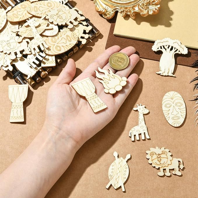 100 pcs Mixed Styles Grassland Animal Theme Unfinished Wooden Cutout Charms