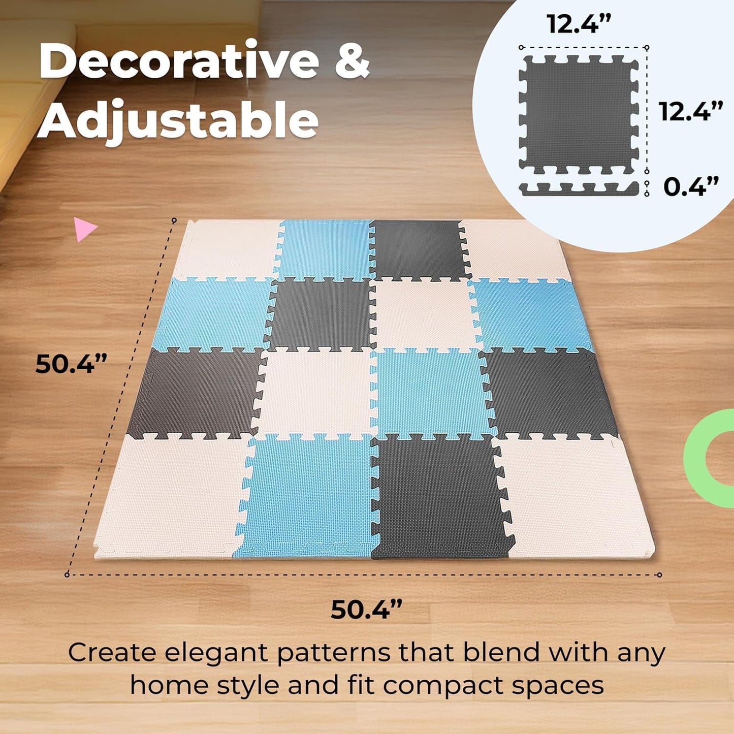 MioTetto Baby Play Mat, Soft Foam Floor Tiles for Kids. Adjustable Interlocking Foam Tiles, Fits with 50x50 Playpen Baby mat for Crawling & Development, Safe & Non-Toxic Playmat for Babies 6-12 Months